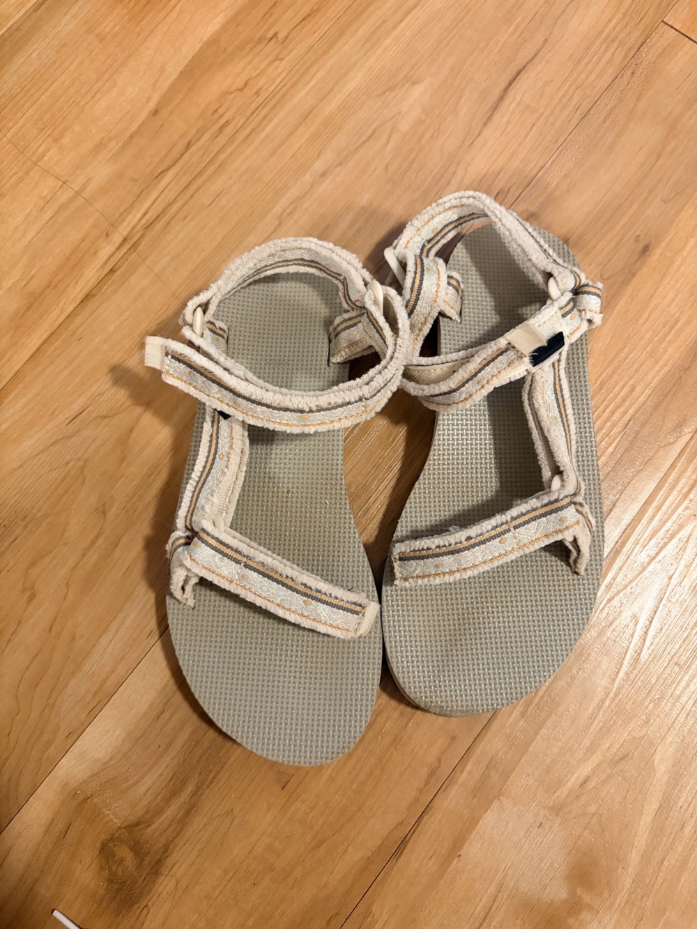 Teva beige and gray striped fabric sandals